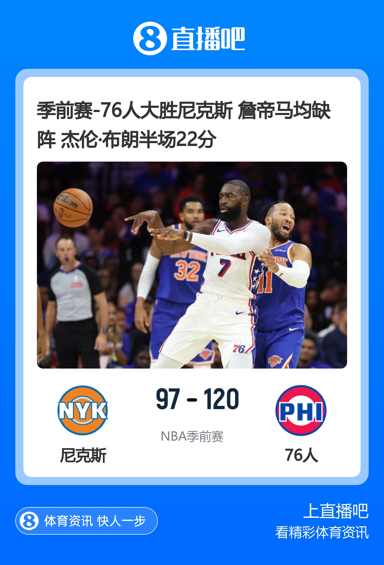 🏀季前赛-76人大胜尼克斯 詹帝马均缺阵 杰伦·布朗半场22分